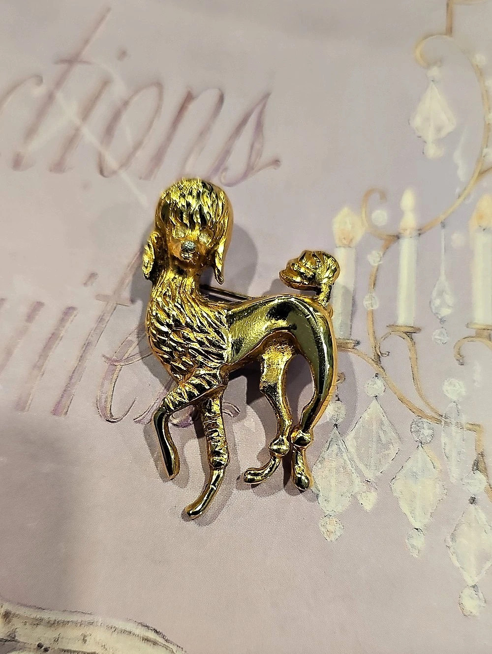 Vintage Mid-Century Gold-Tone Textured Poodle Brooch Pin (Unsigned, 1960s/1970s